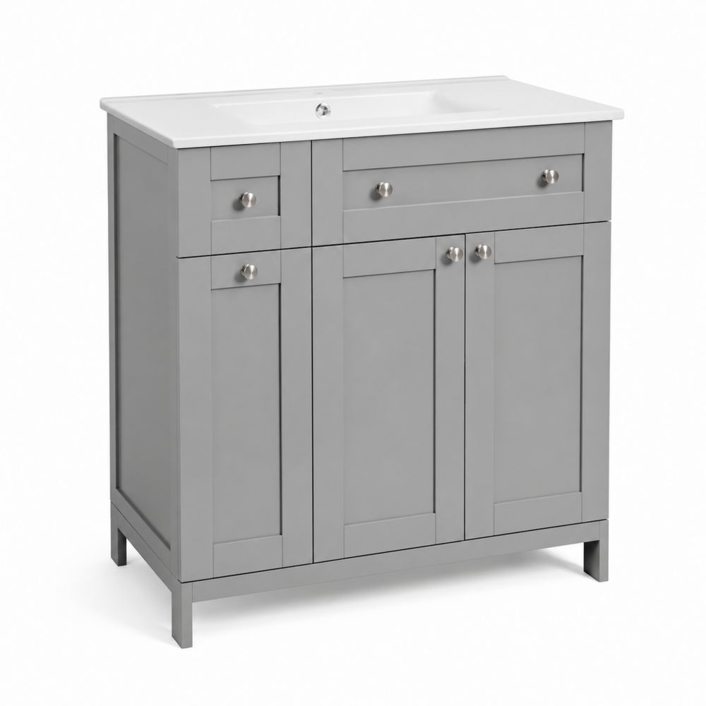 Mueble de lavabo individual de tablero MDF gris con lavabo de cerámica-Bellacortix