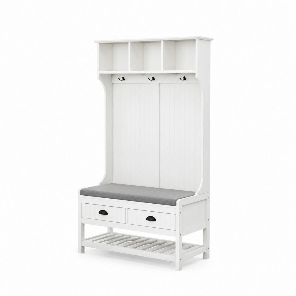 Perchero de Madera con Banco y Ganchos Blanco/Gris-Bellacortix