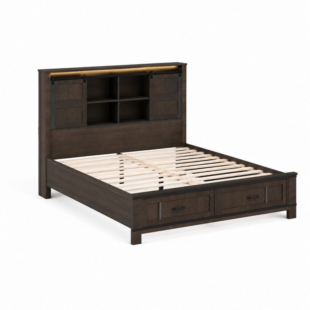 Cama de Madera Marrón Oscuro con Almacenamiento y Luz LED 150x200 cm-Bellacortix