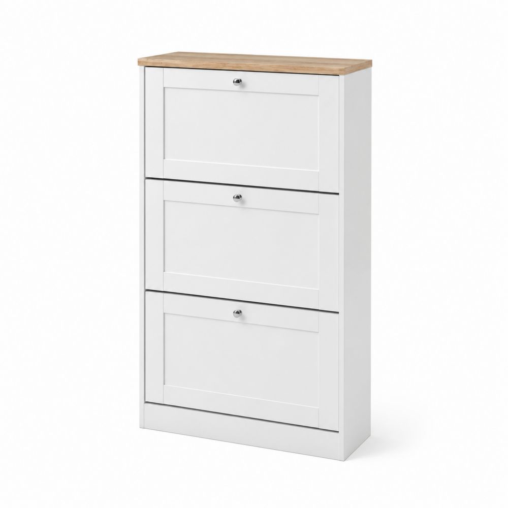 Zapatero vertical de MDF blanco y roble con 3 compartimentos-Bellacortix