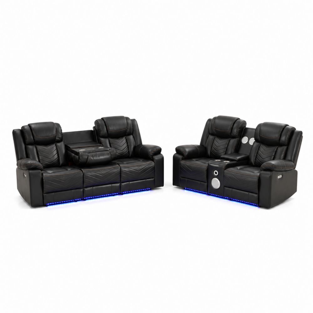 Conjunto de Sofás Reclinables de Cuero Sintético Negro con LED-Bellacortix