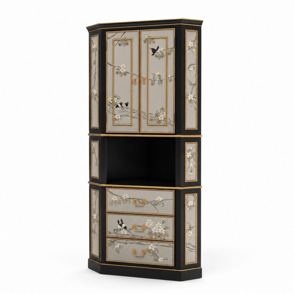 Aparador de esquina de madera pintada a mano con decoración floral-Bellacortix