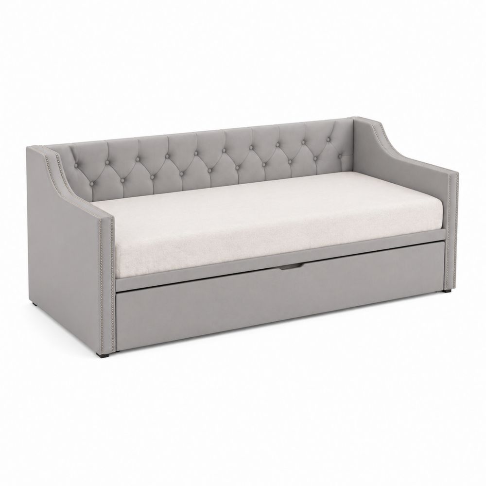 Cama nido tapizada en poliuretano gris claro con cajón 200x90x85 cm-Bellacortix