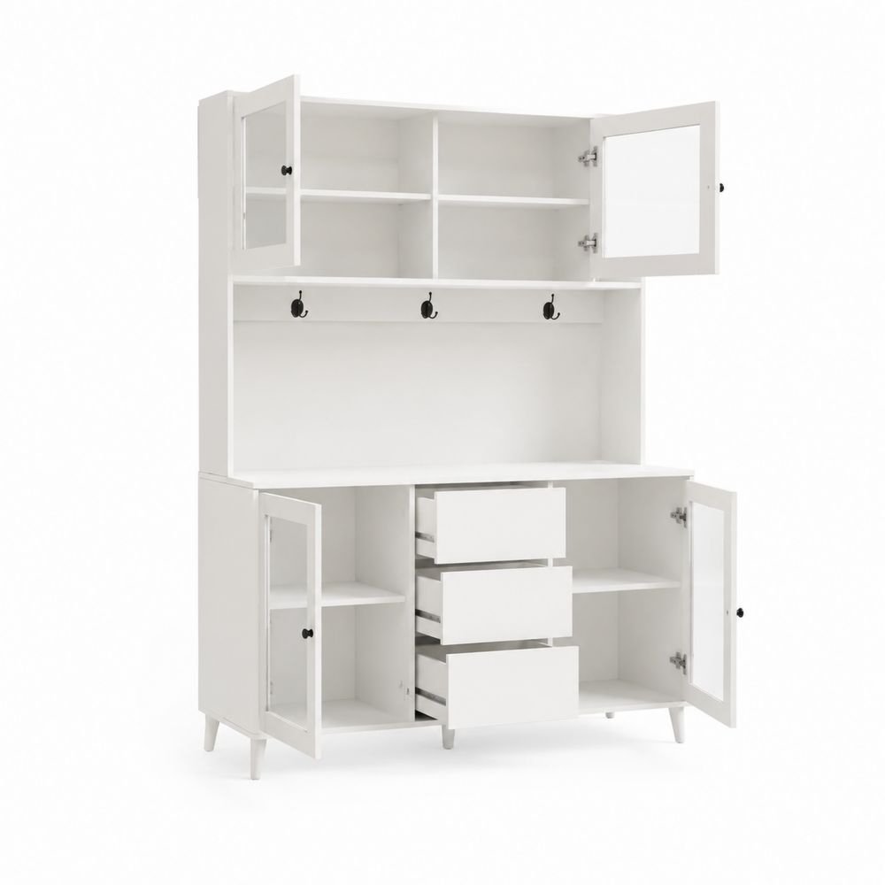 Aparador y vitrina con puertas de vidrio y cajones 200x100x40 cm madera aglomerada blanca-Bellacortix