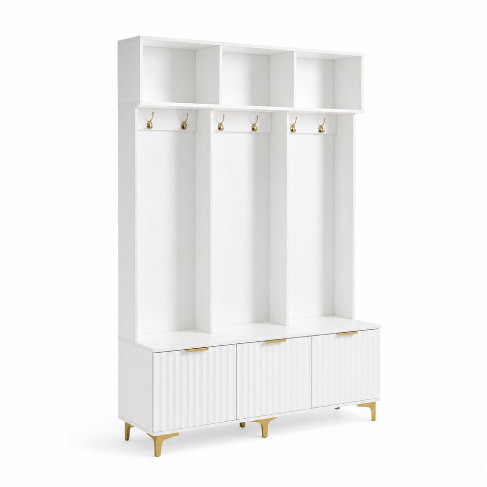 Estante de Madera Blanca con Ganchos de Metal Dorados, 200 cm de Altura-Bellacortix