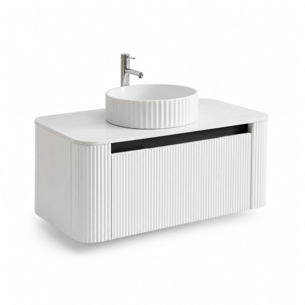 Mueble de cerámica blanca con lavabo redondo y grifo-Bellacortix