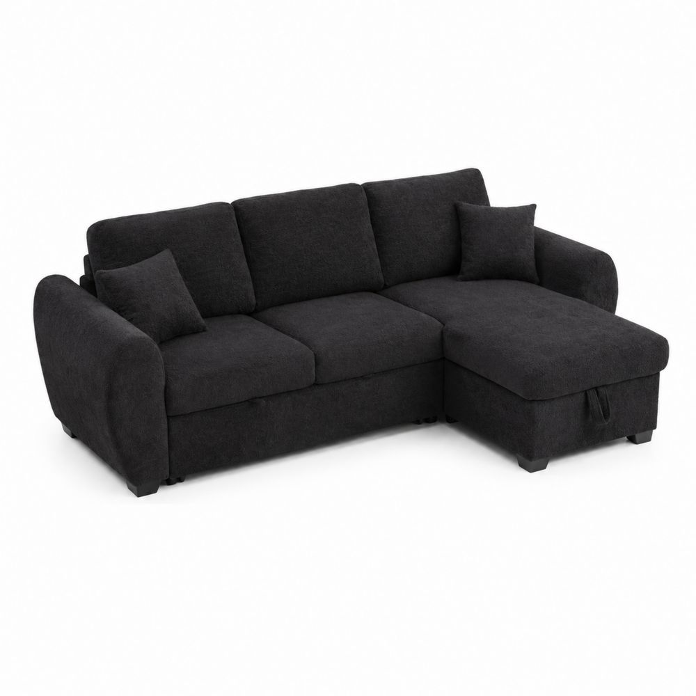 Sofá en L de Tela Negra con Chaise Longue-Bellacortix