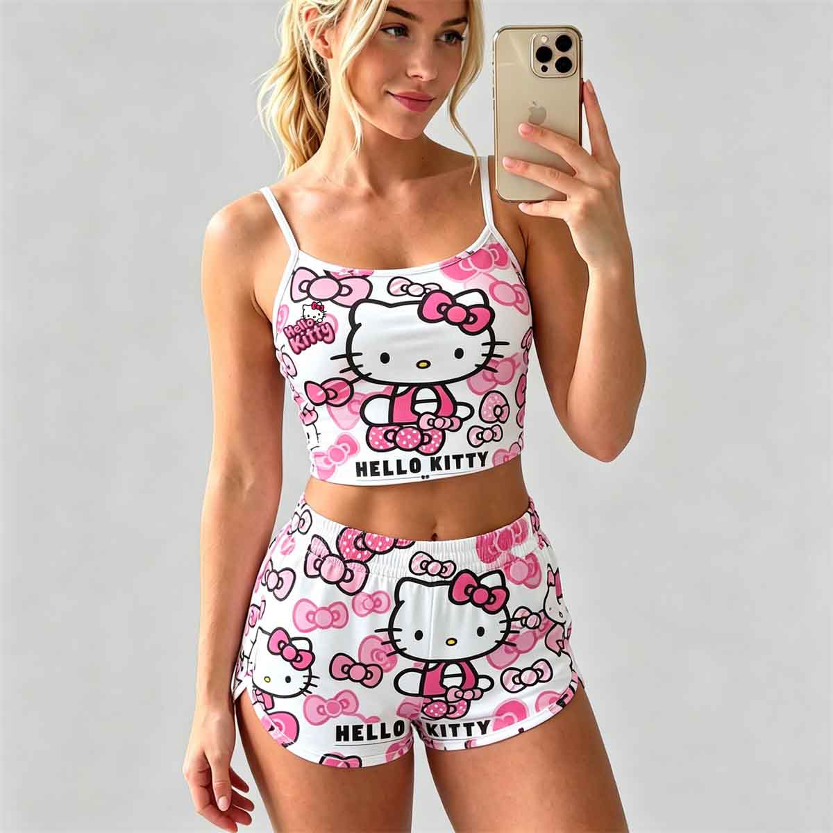 Y2K Kawaii Kitty Spaghetti‑Strap Crop Top & Shorts Set For Women