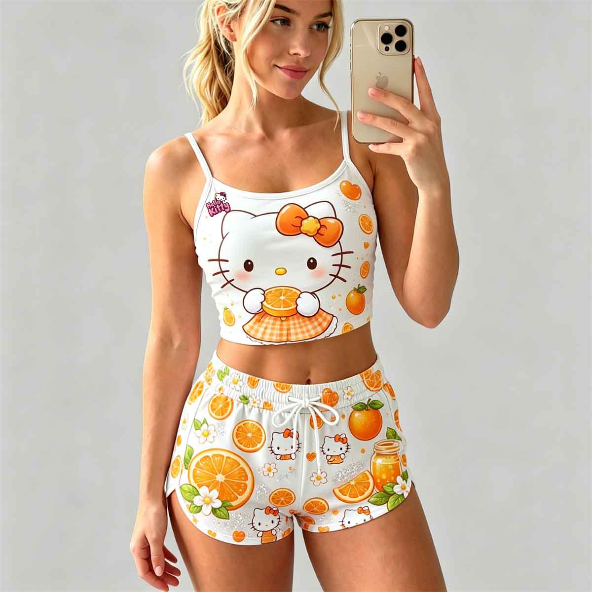 Y2K Kawaii Kitty Spaghetti‑Strap Crop Top & Shorts Set For Women