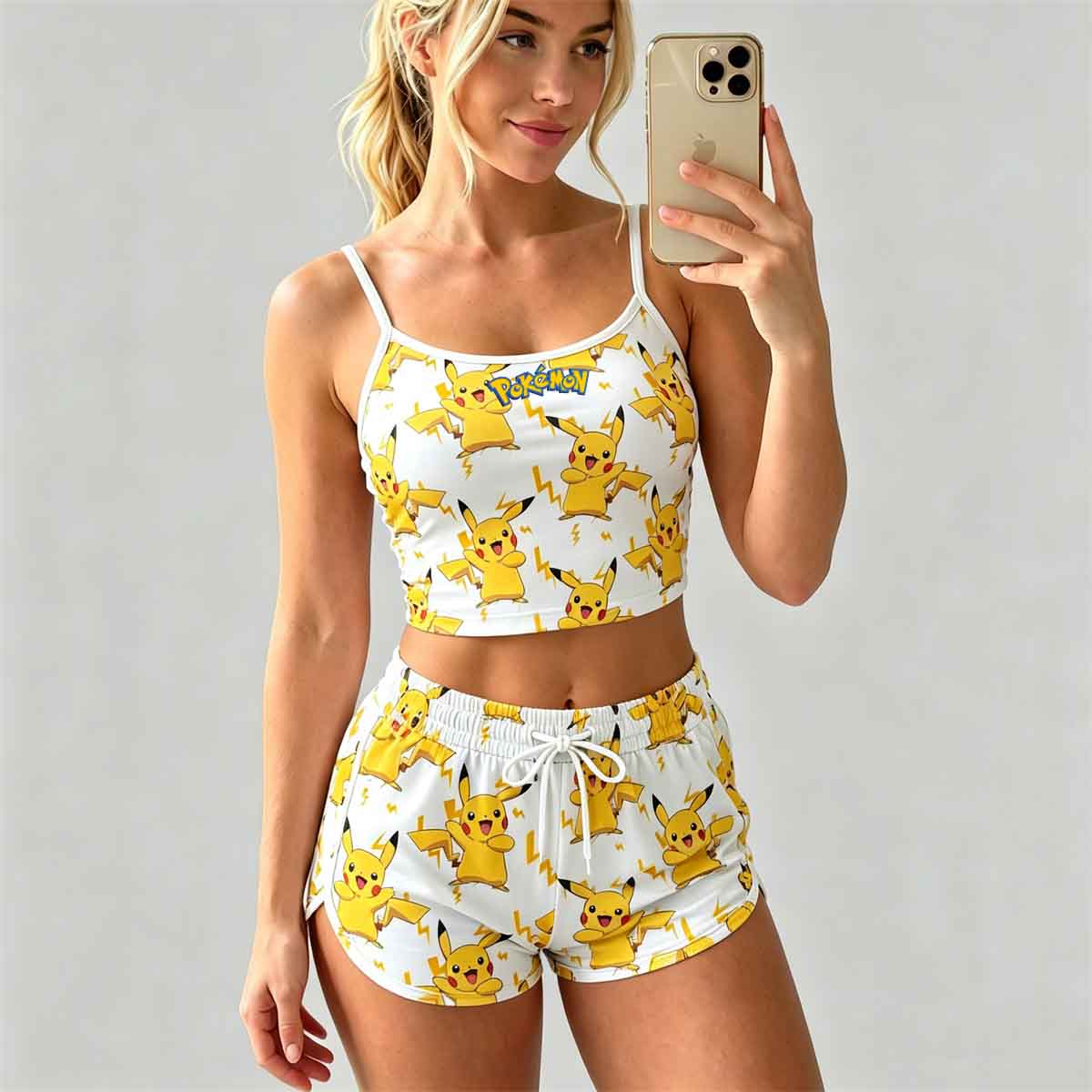 Y2K Kawaii Pika Spaghetti‑Strap Crop Top & Shorts Set For Women