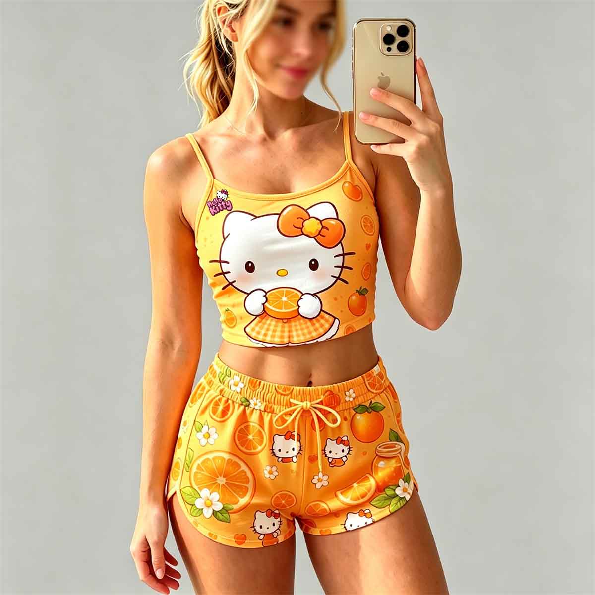 Y2K Kawaii Kitty Spaghetti‑Strap Crop Top & Shorts Set For Women