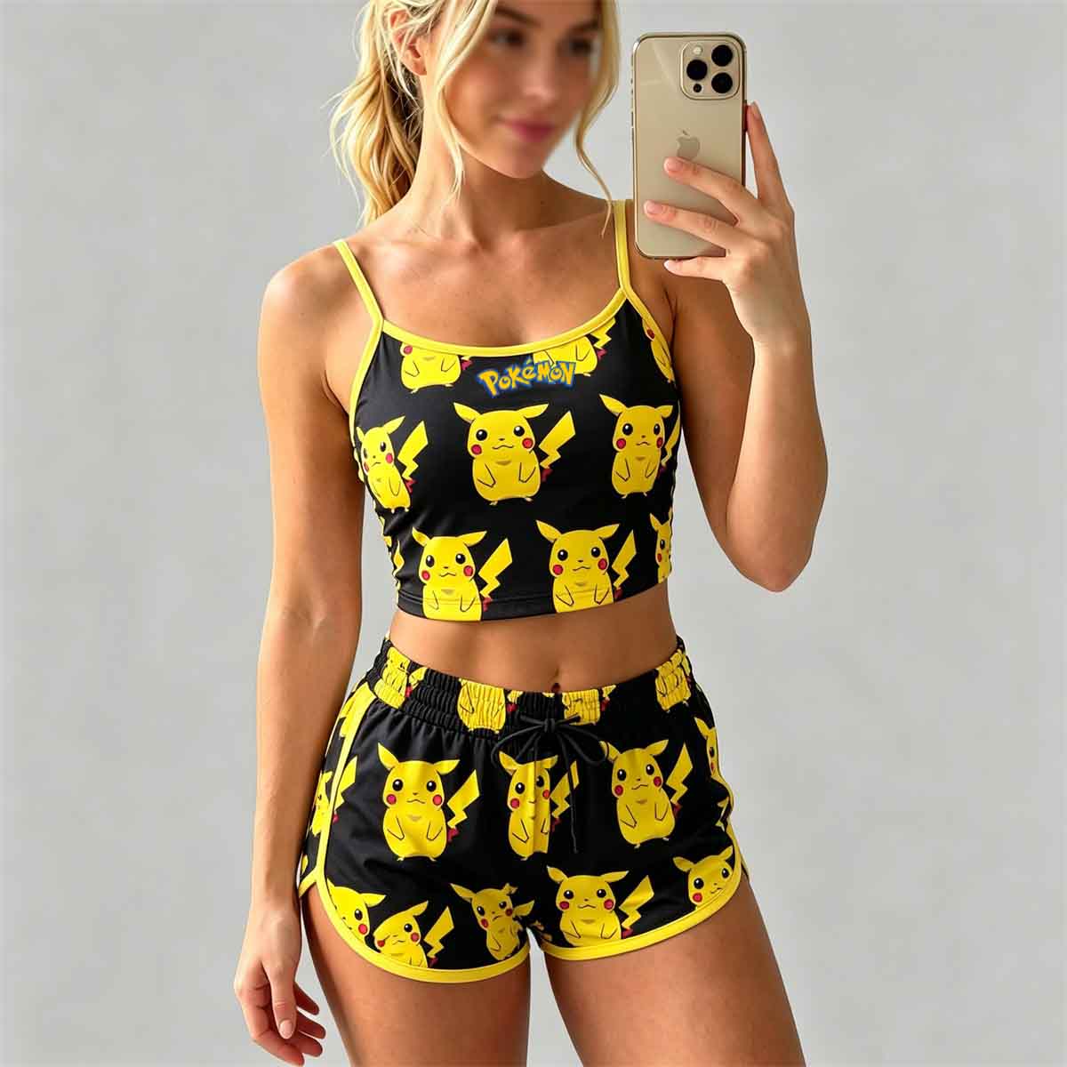 Y2K Kawaii Pika Spaghetti‑Strap Crop Top & Shorts Set For Women