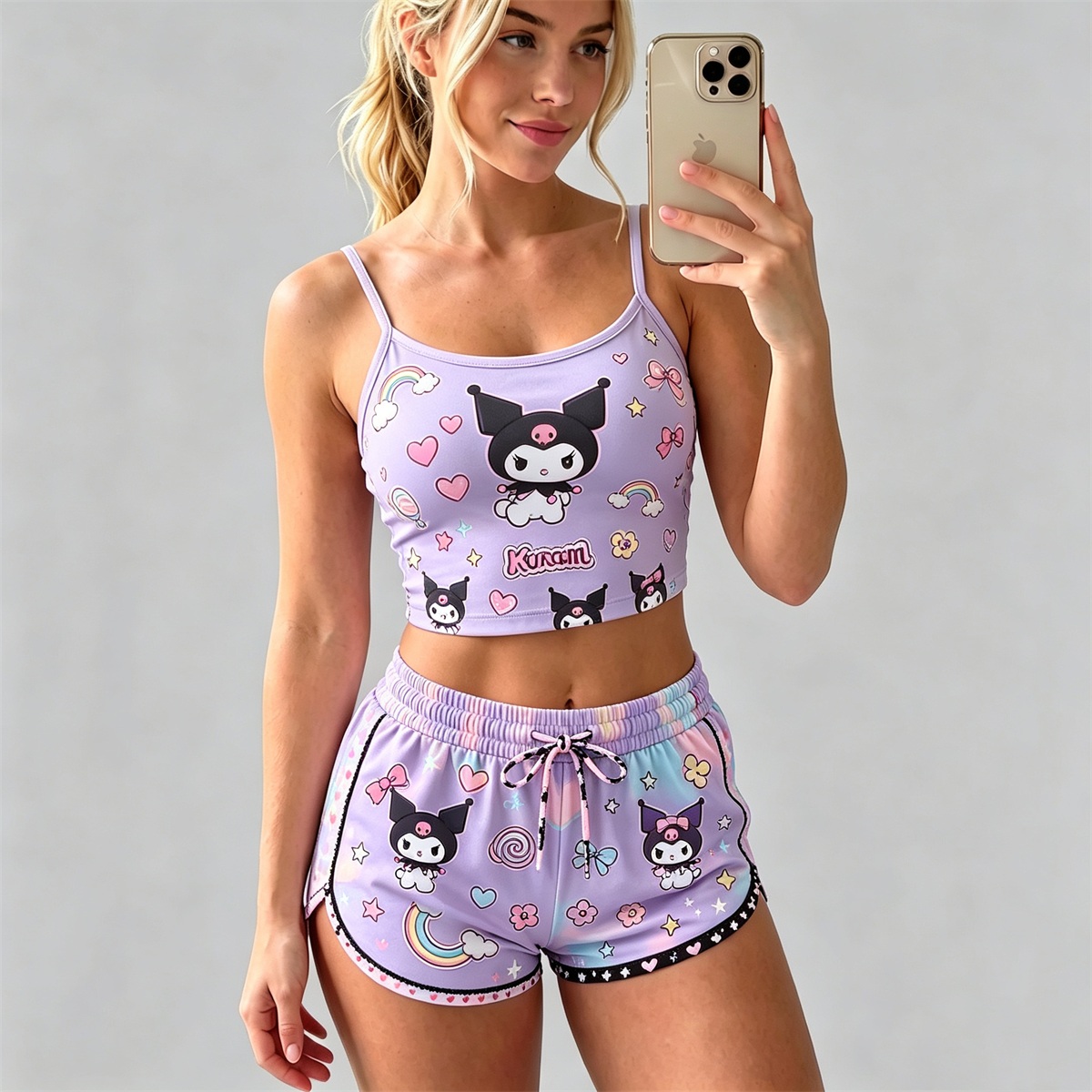 Y2K Kawaii Kuromi Spaghetti‑Strap Crop Top & Shorts Set For Women