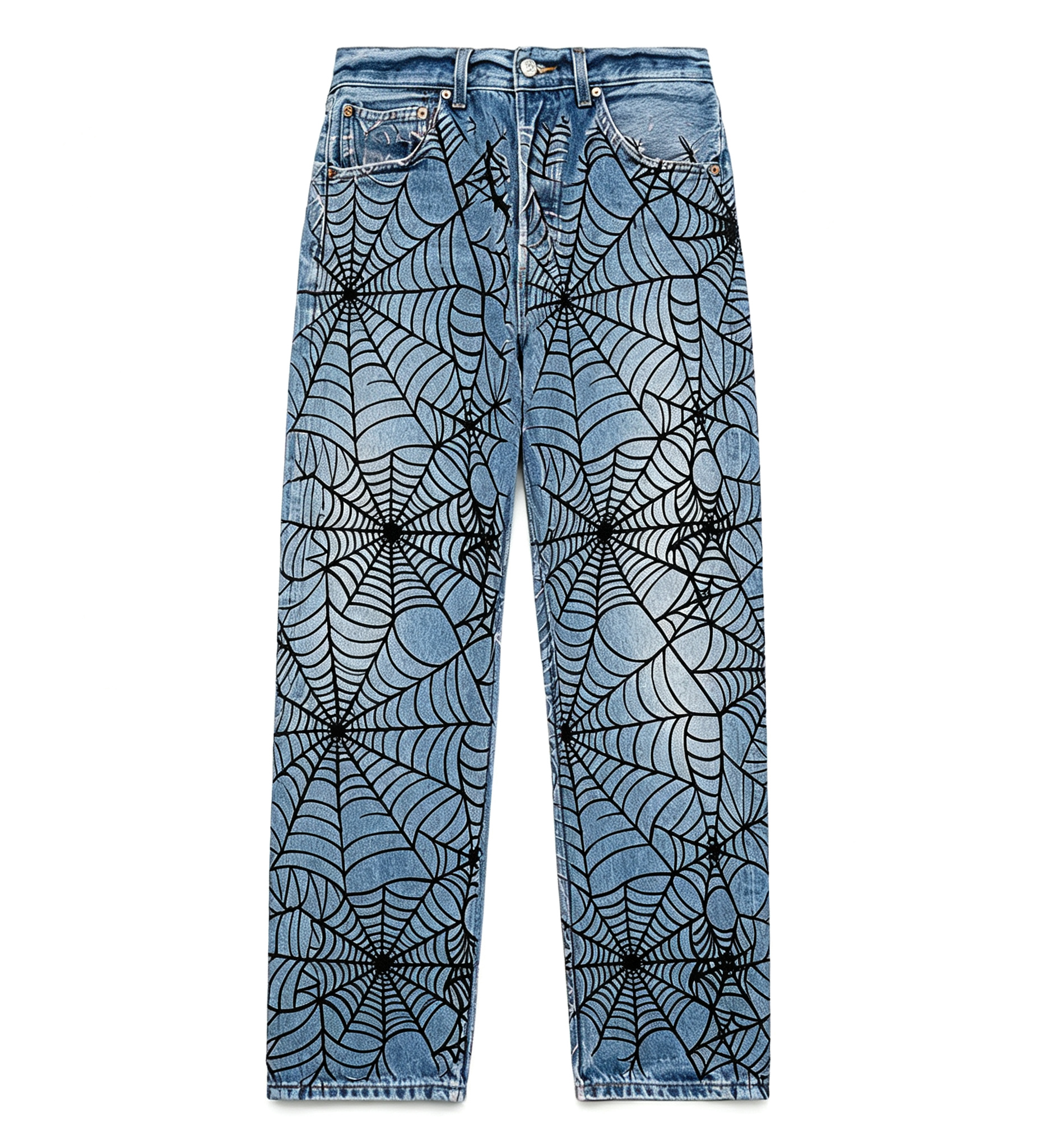 Fashion Street Spider Web Embroidery Straight Loose Wide Leg Denim Jeans For Men