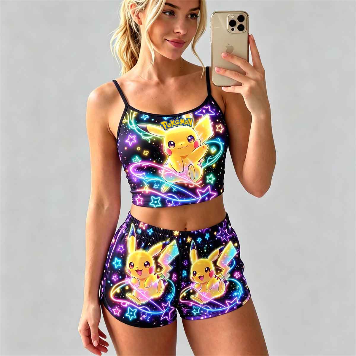 Y2K Kawaii Pika Spaghetti‑Strap Crop Top & Shorts Set For Women