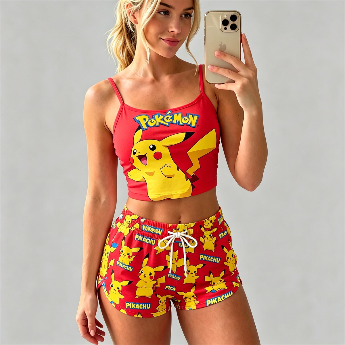 Y2K Kawaii Pika Spaghetti‑Strap Crop Top & Shorts Set For Women