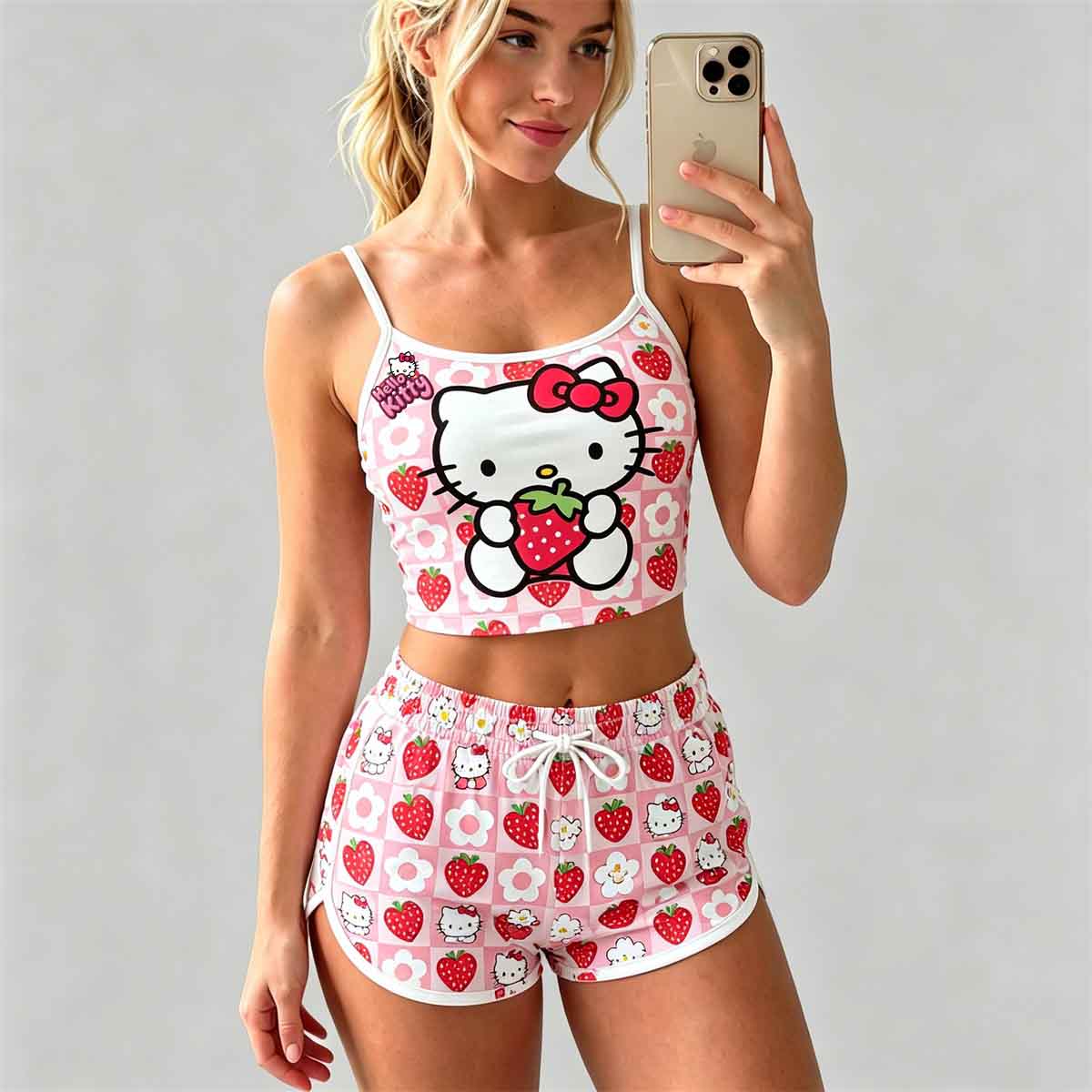 Y2K Kawaii Kitty Spaghetti‑Strap Crop Top & Shorts Set For Women