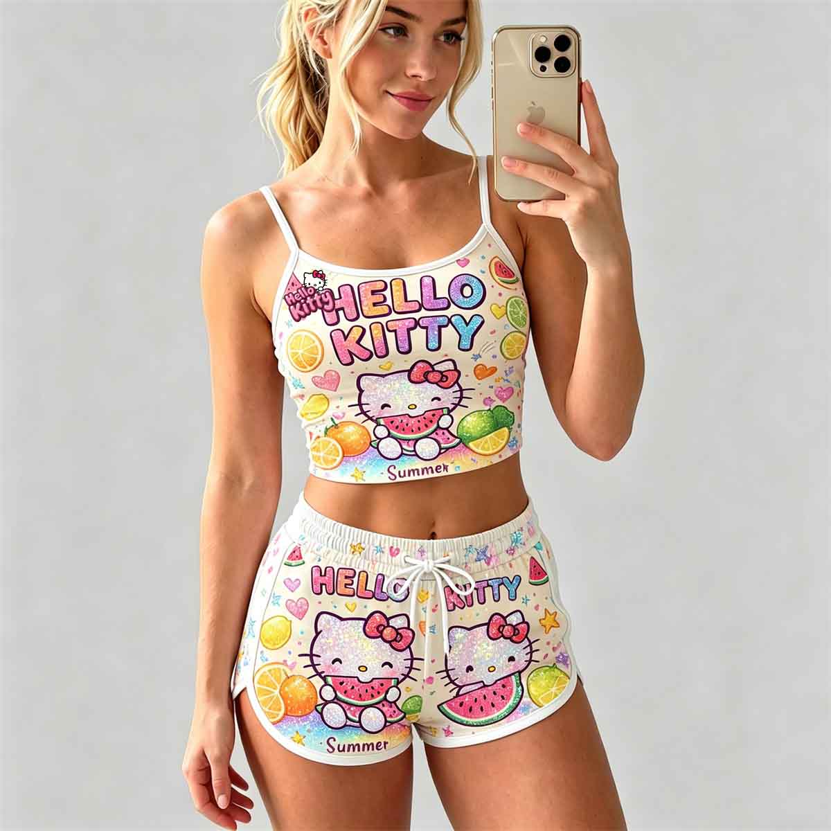 Y2K Kawaii Kitty Spaghetti‑Strap Crop Top & Shorts Set For Women