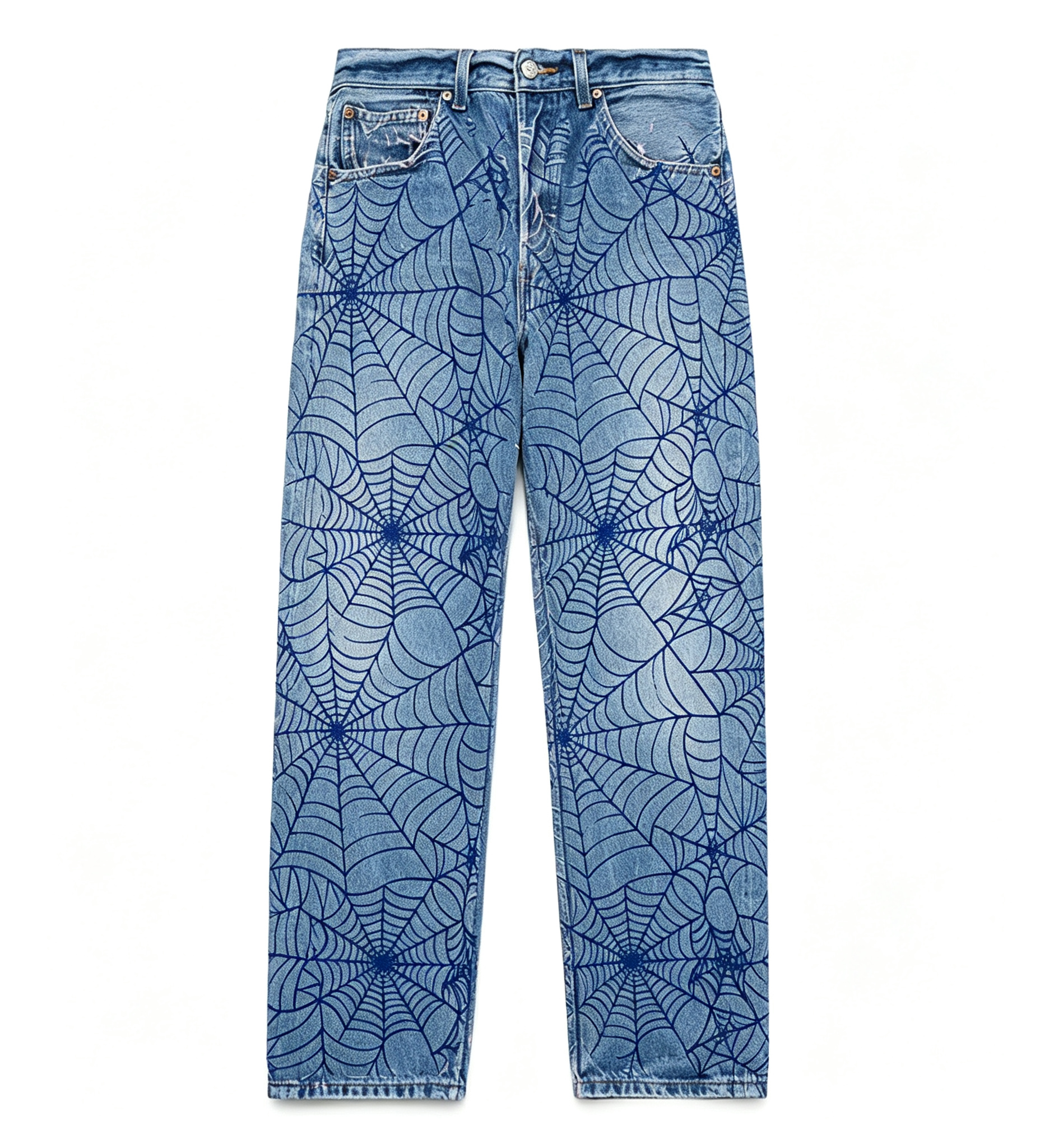Fashion Street Spider Web Embroidery Straight Loose Wide Leg Denim Jeans For Men