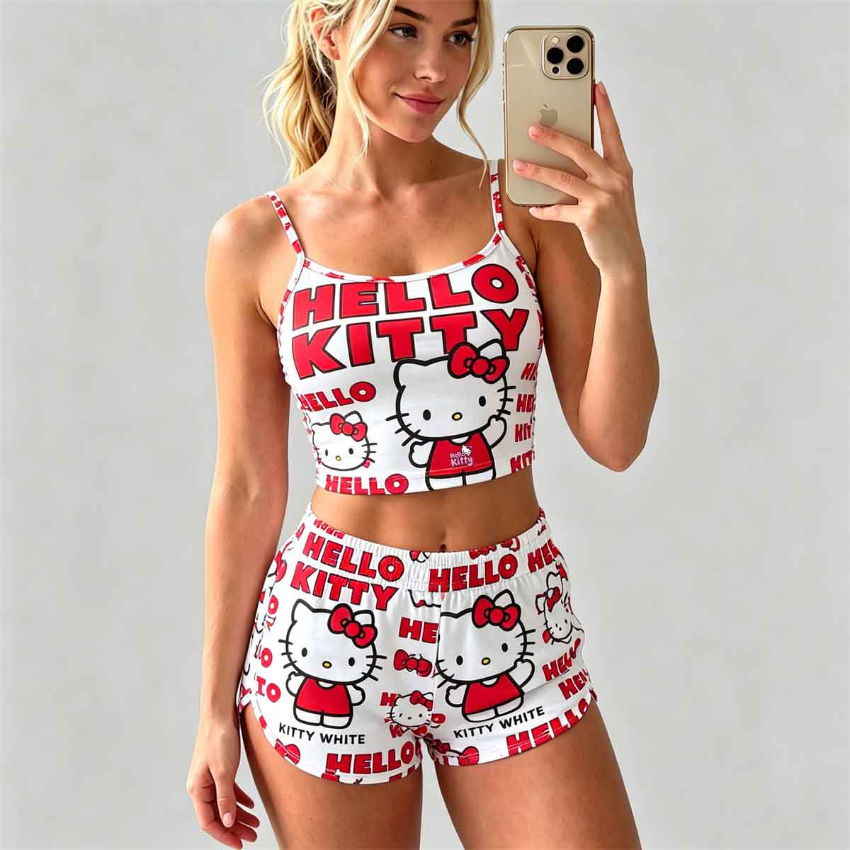 Y2K Kawaii Kitty Spaghetti‑Strap Crop Top & Shorts Set For Women