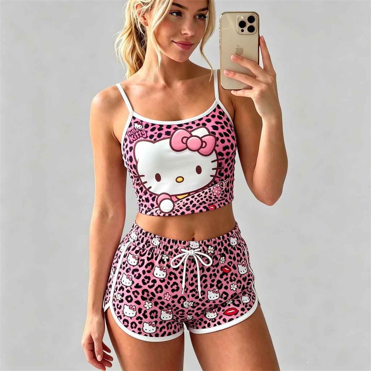 Y2K Kawaii Kitty Spaghetti‑Strap Crop Top & Shorts Set For Women