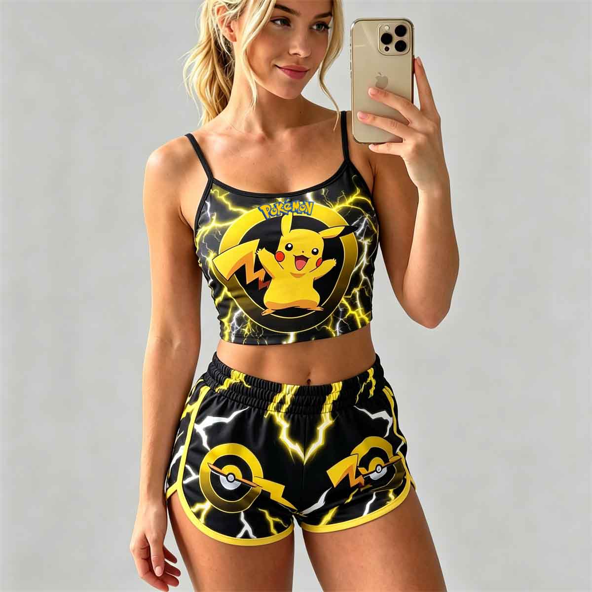 Y2K Kawaii Pika Spaghetti‑Strap Crop Top & Shorts Set For Women