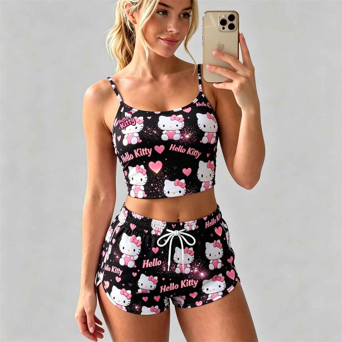 Y2K Kawaii Kitty Spaghetti‑Strap Crop Top & Shorts Set For Women