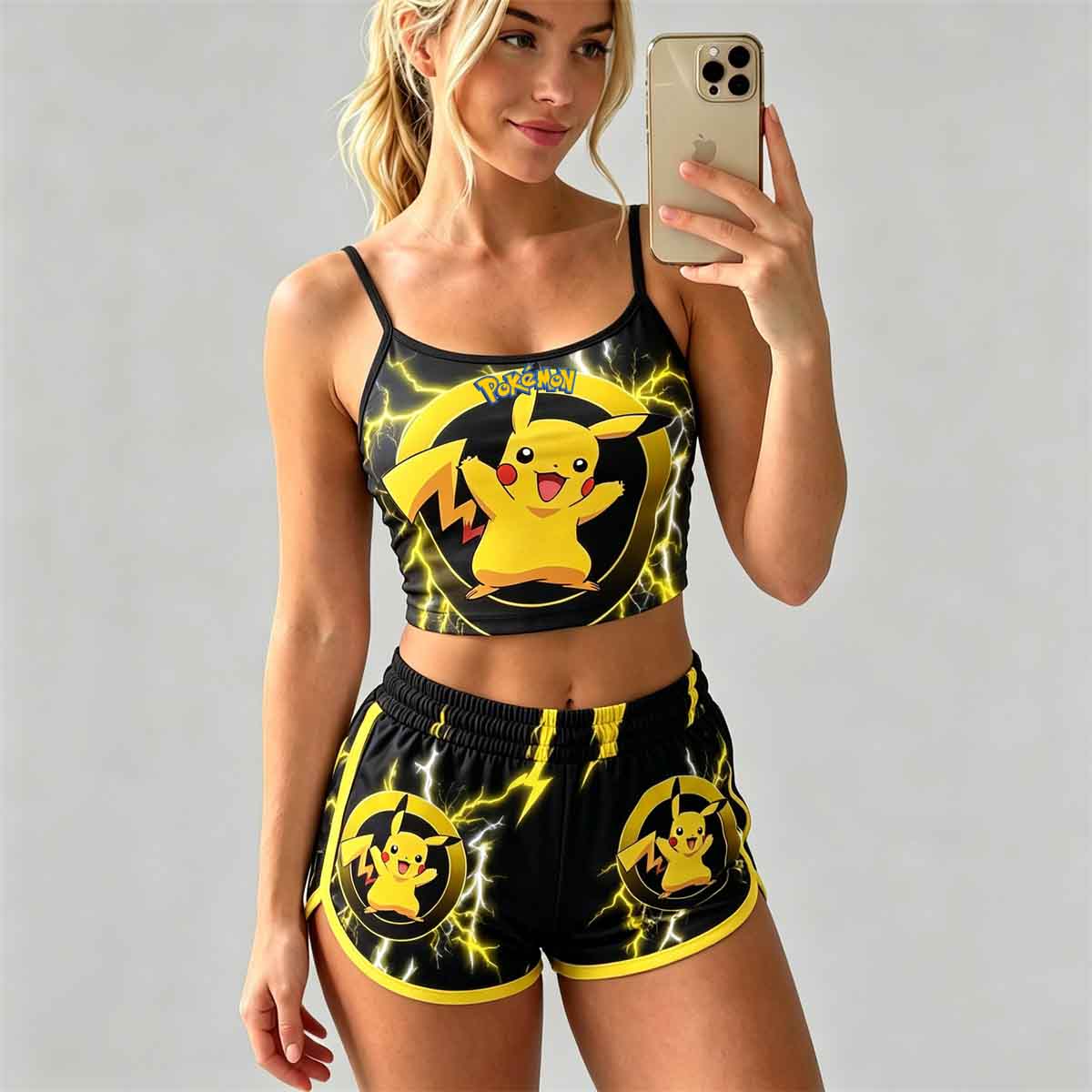 Y2K Kawaii Pika Spaghetti‑Strap Crop Top & Shorts Set For Women