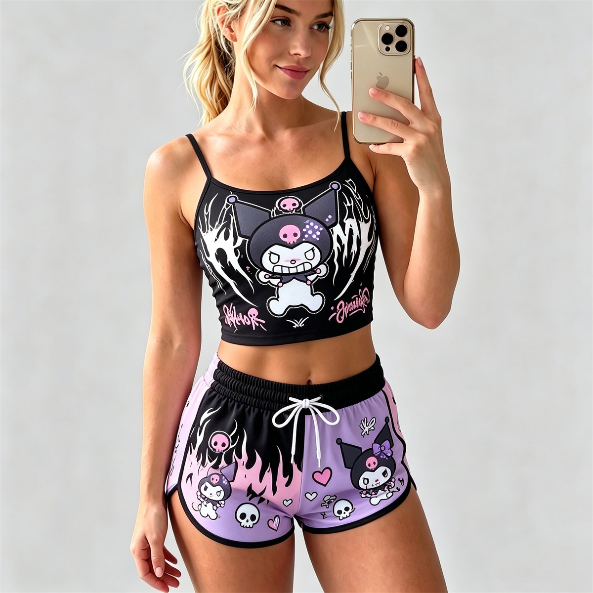 Y2K Kawaii Kuromi Spaghetti‑Strap Crop Top & Shorts Set For Women