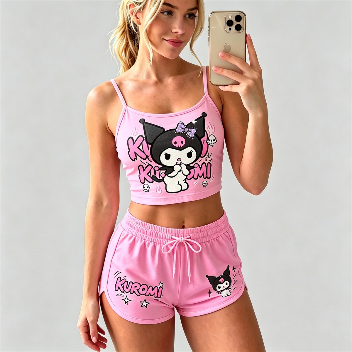 Y2K Kawaii Kuromi Spaghetti‑Strap Crop Top & Shorts Set For Women