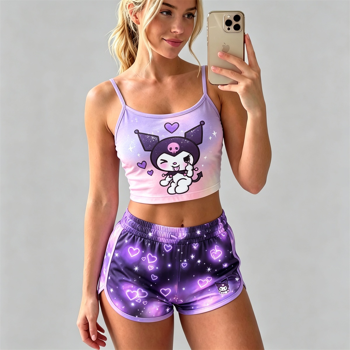 Y2K Kawaii Kuromi Spaghetti‑Strap Crop Top & Shorts Set For Women