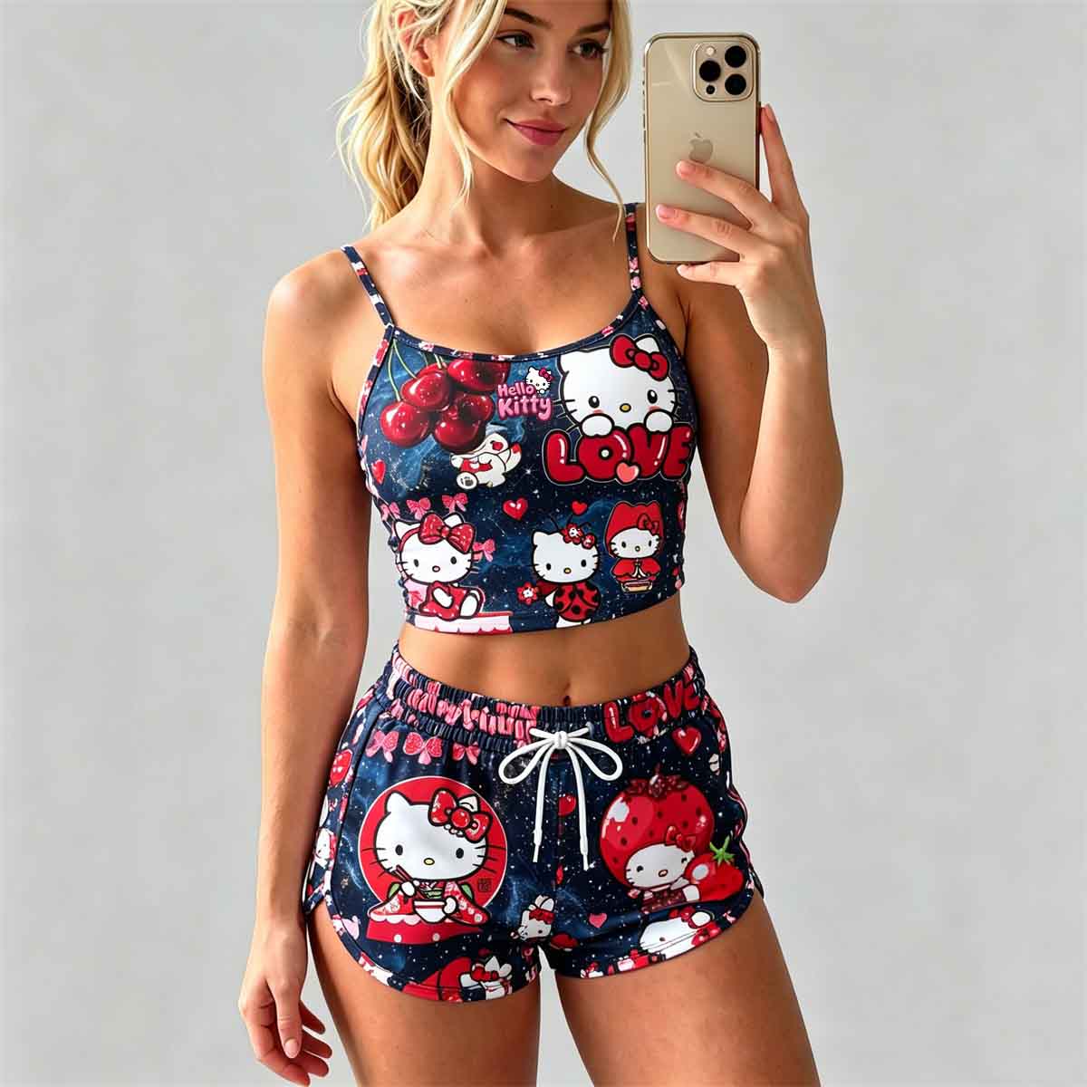 Y2K Kawaii Kitty Spaghetti‑Strap Crop Top & Shorts Set For Women