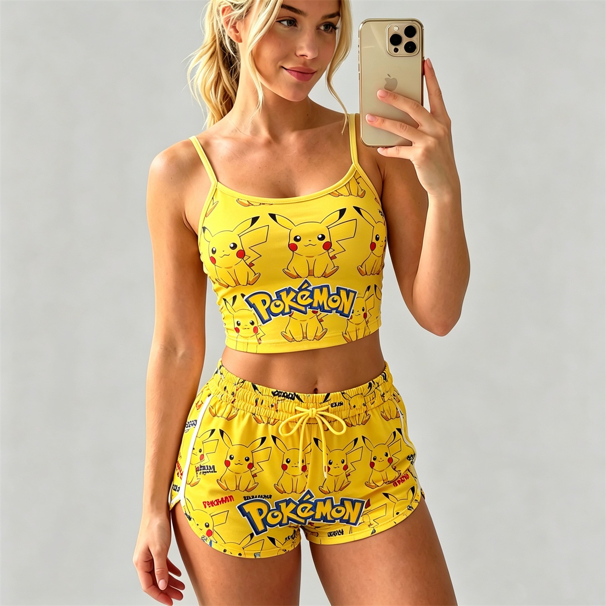 Y2K Kawaii Pika Spaghetti‑Strap Crop Top & Shorts Set For Women