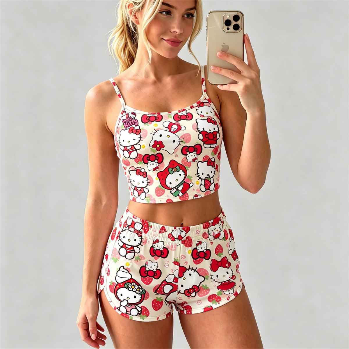 Y2K Kawaii Kitty Spaghetti‑Strap Crop Top & Shorts Set For Women
