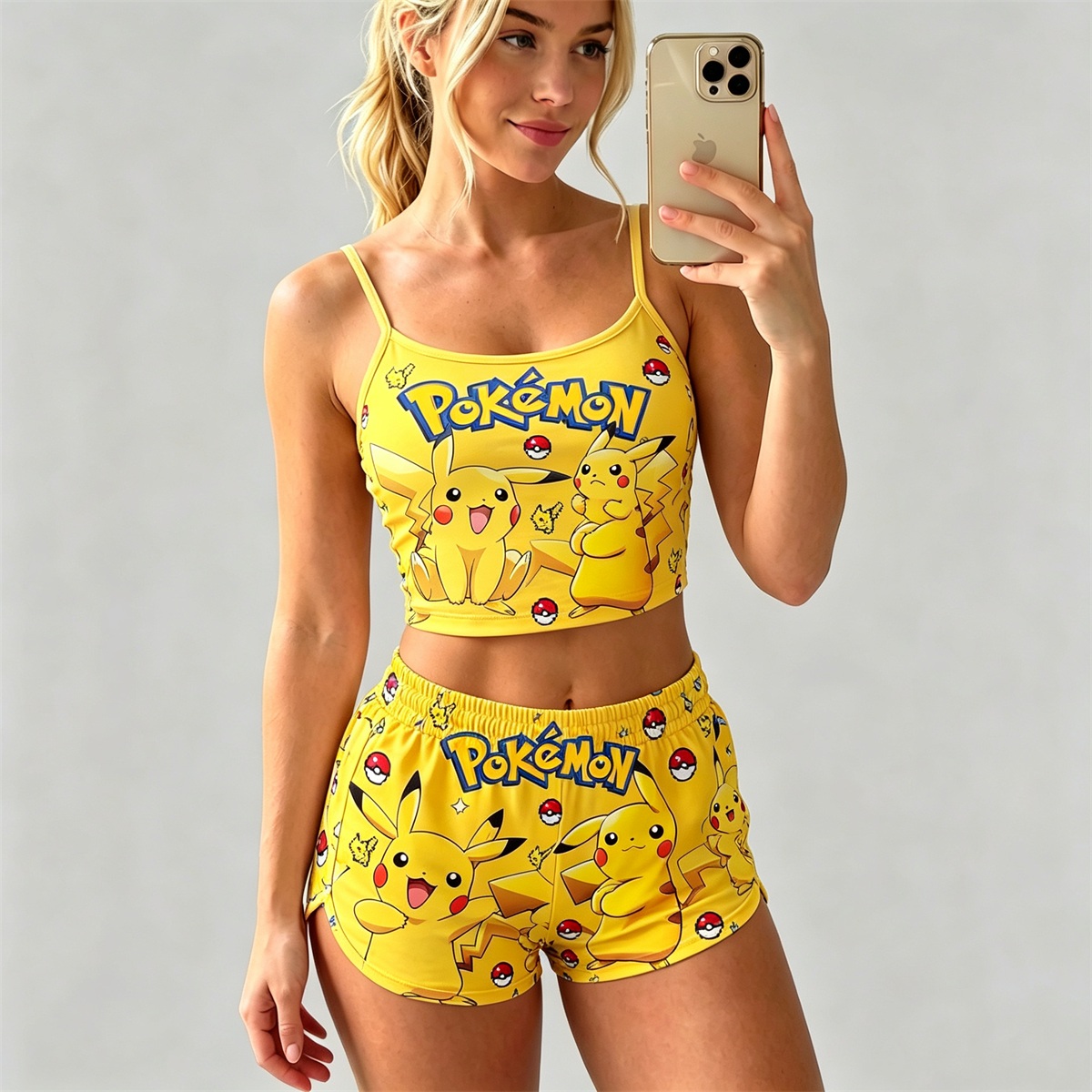 Y2K Kawaii Pika Spaghetti‑Strap Crop Top & Shorts Set For Women