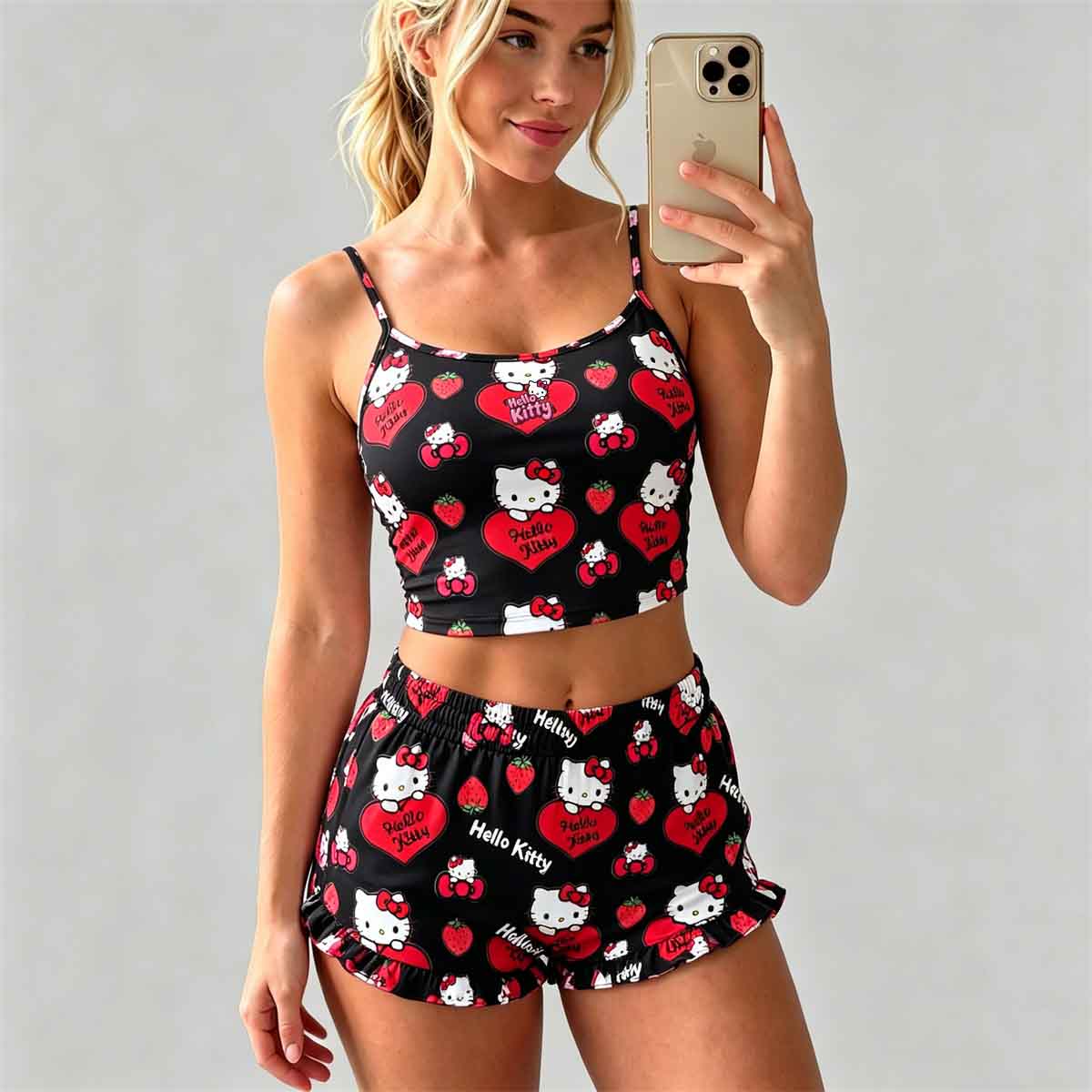 Y2K Kawaii Kitty Spaghetti‑Strap Crop Top & Shorts Set For Women