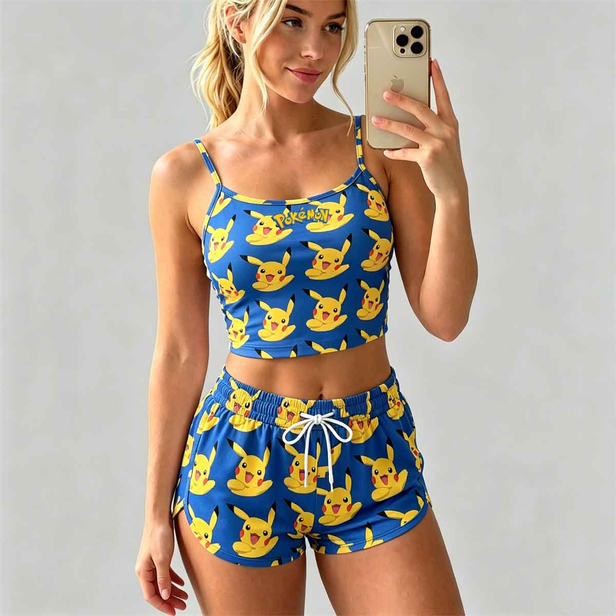 Y2K Kawaii Pika Spaghetti‑Strap Crop Top & Shorts Set For Women