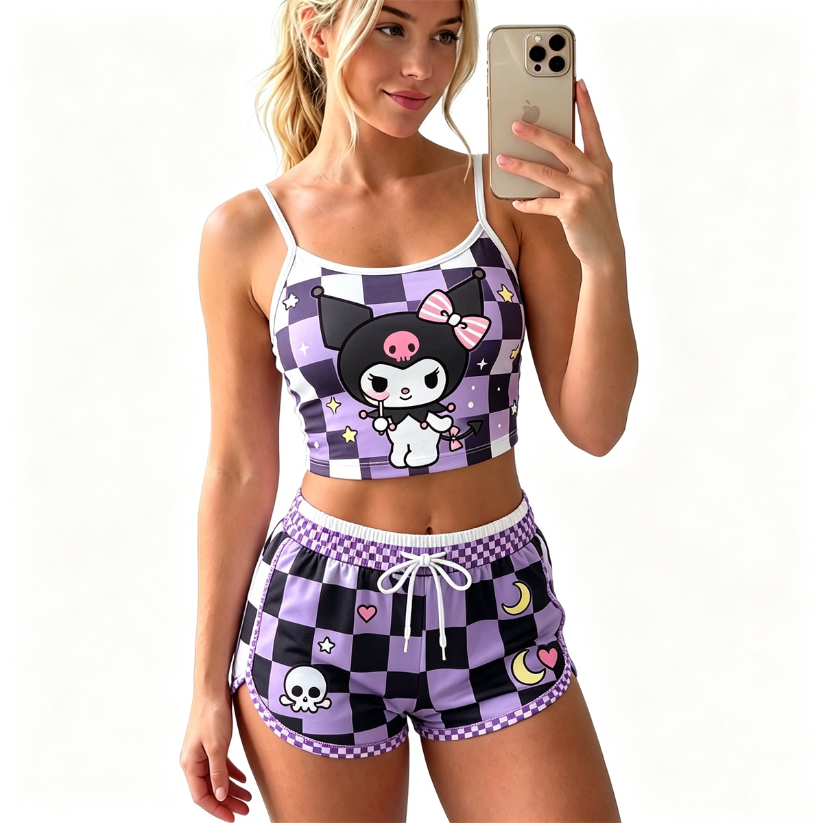Y2K Kawaii Kuromi Spaghetti‑Strap Crop Top & Shorts Set For Women