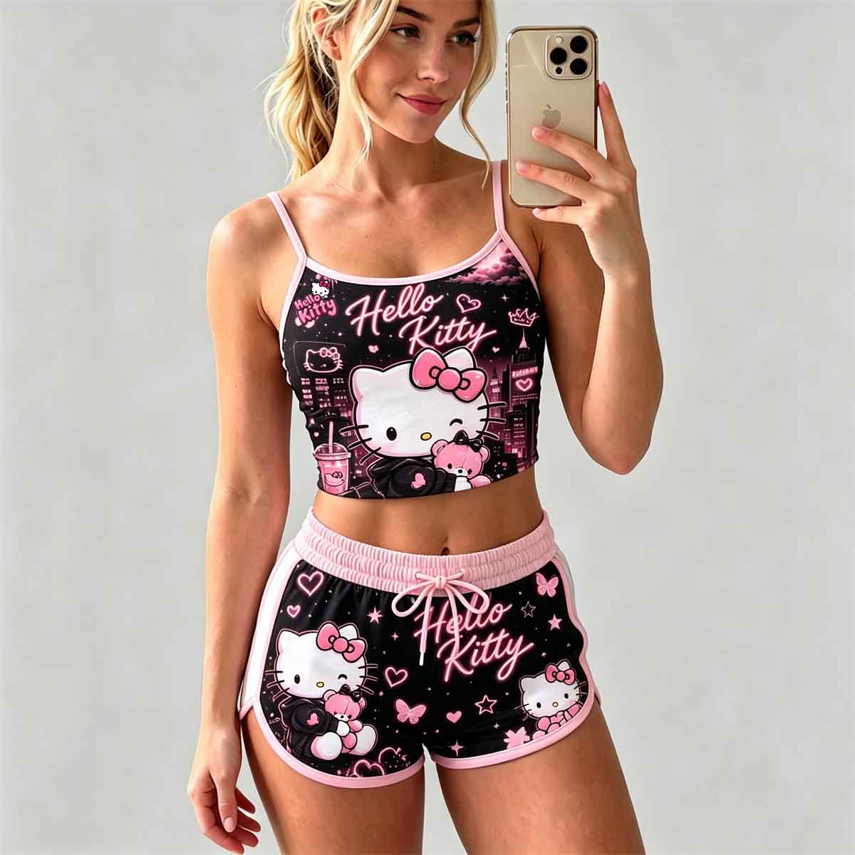 Y2K Kawaii Kitty Spaghetti‑Strap Crop Top & Shorts Set For Women