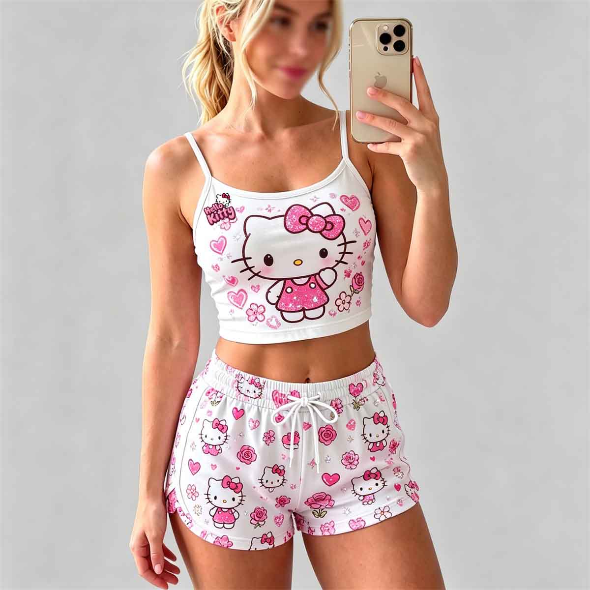 Y2K Kawaii Kitty Spaghetti‑Strap Crop Top & Shorts Set For Women