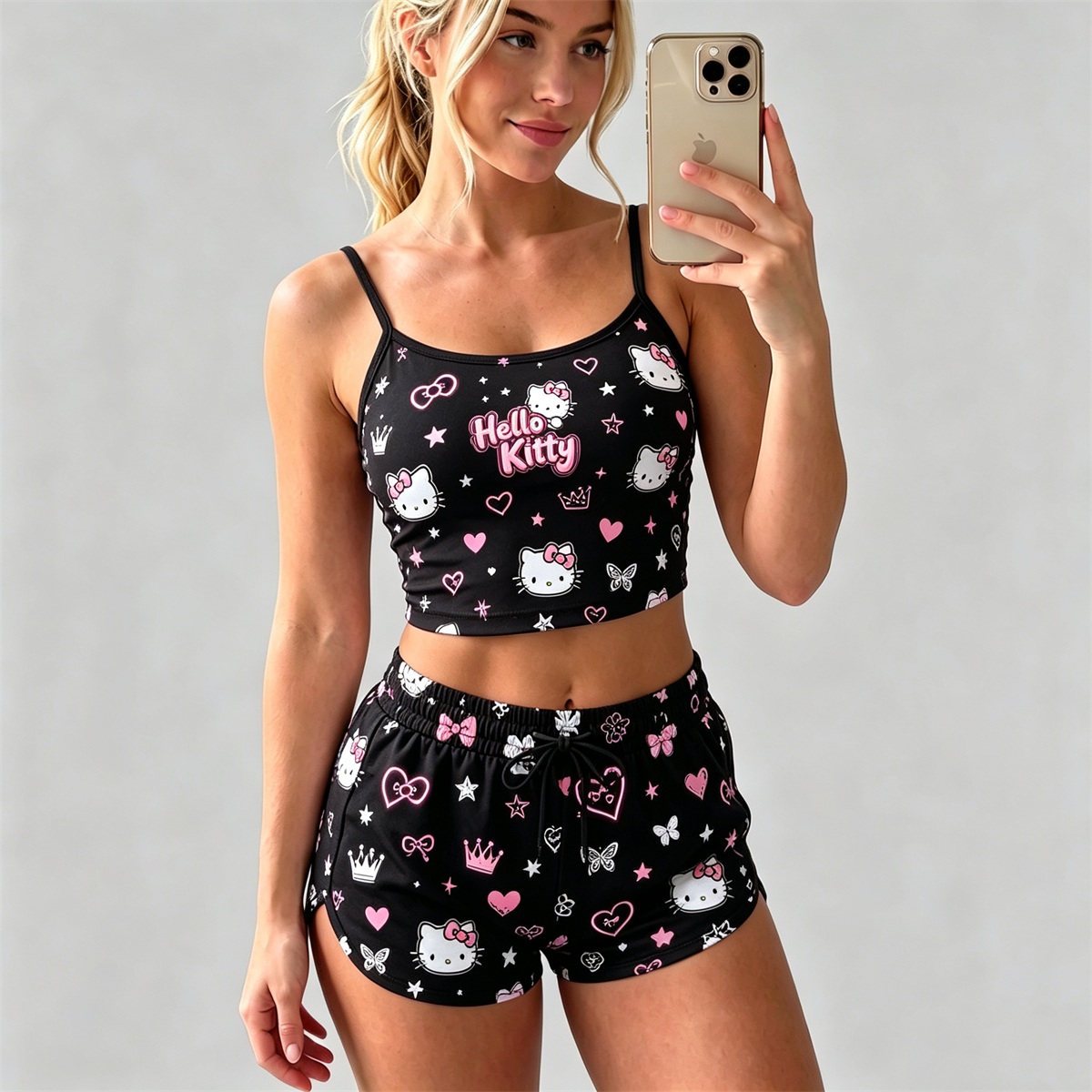 Y2K Kawaii Kitty Spaghetti‑Strap Crop Top & Shorts Set For Women
