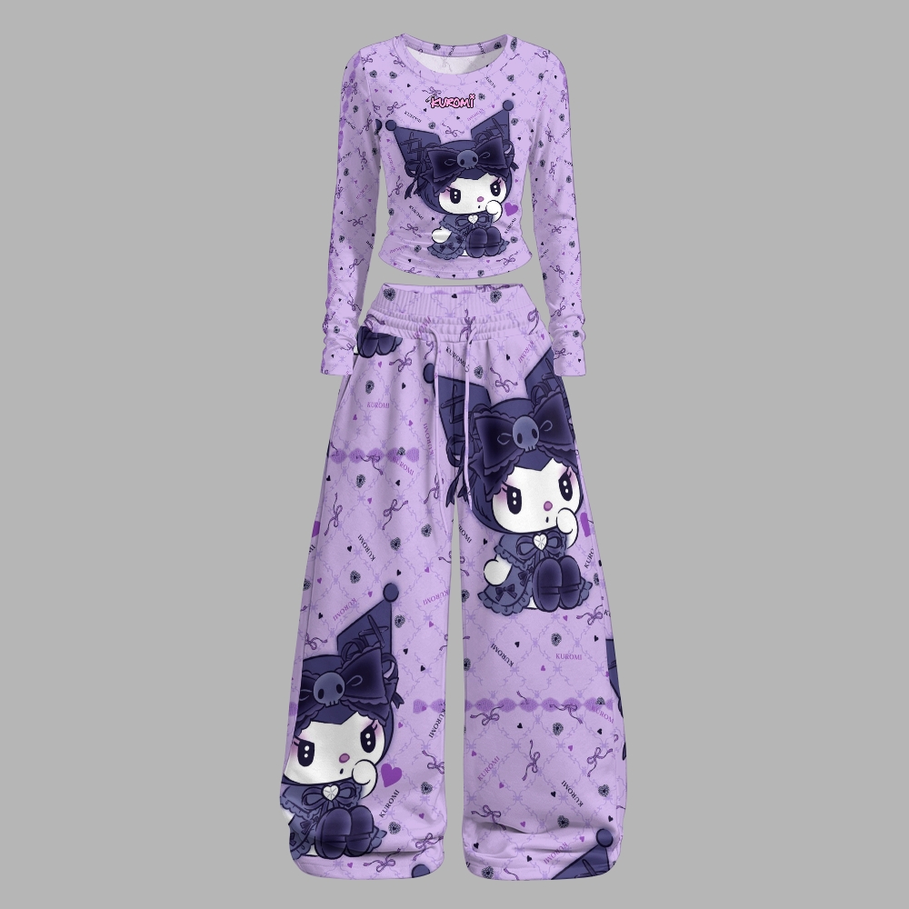 Y2K Kawaii Kuromi  Long-Sleeved Double-Layer Stretch Pants Set For Women