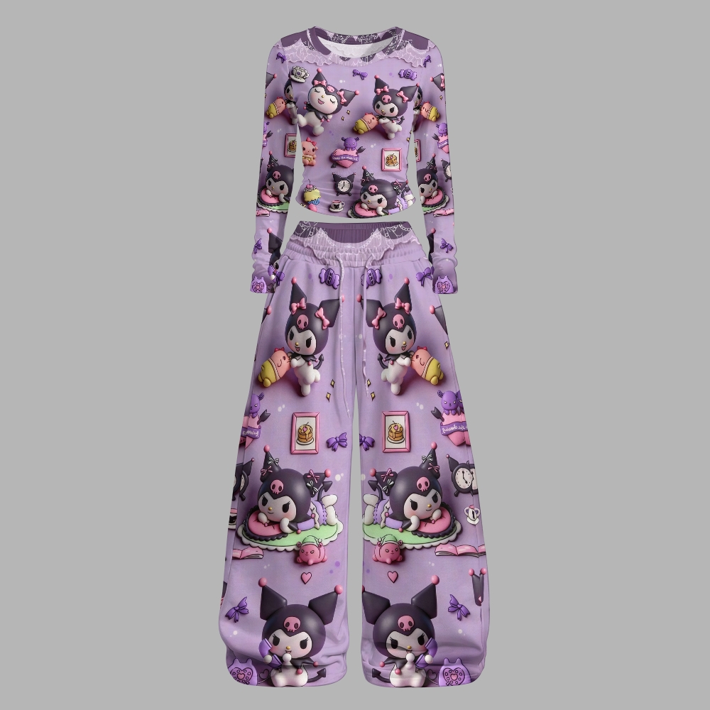 Y2K Kawaii Kuromi  Long-Sleeved Double-Layer Stretch Pants Set For Women