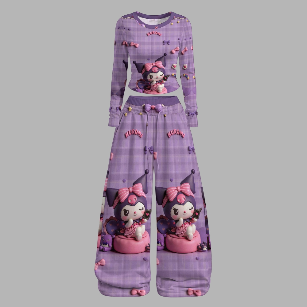 Y2K Kawaii Kuromi  Long-Sleeved Double-Layer Stretch Pants Set For Women