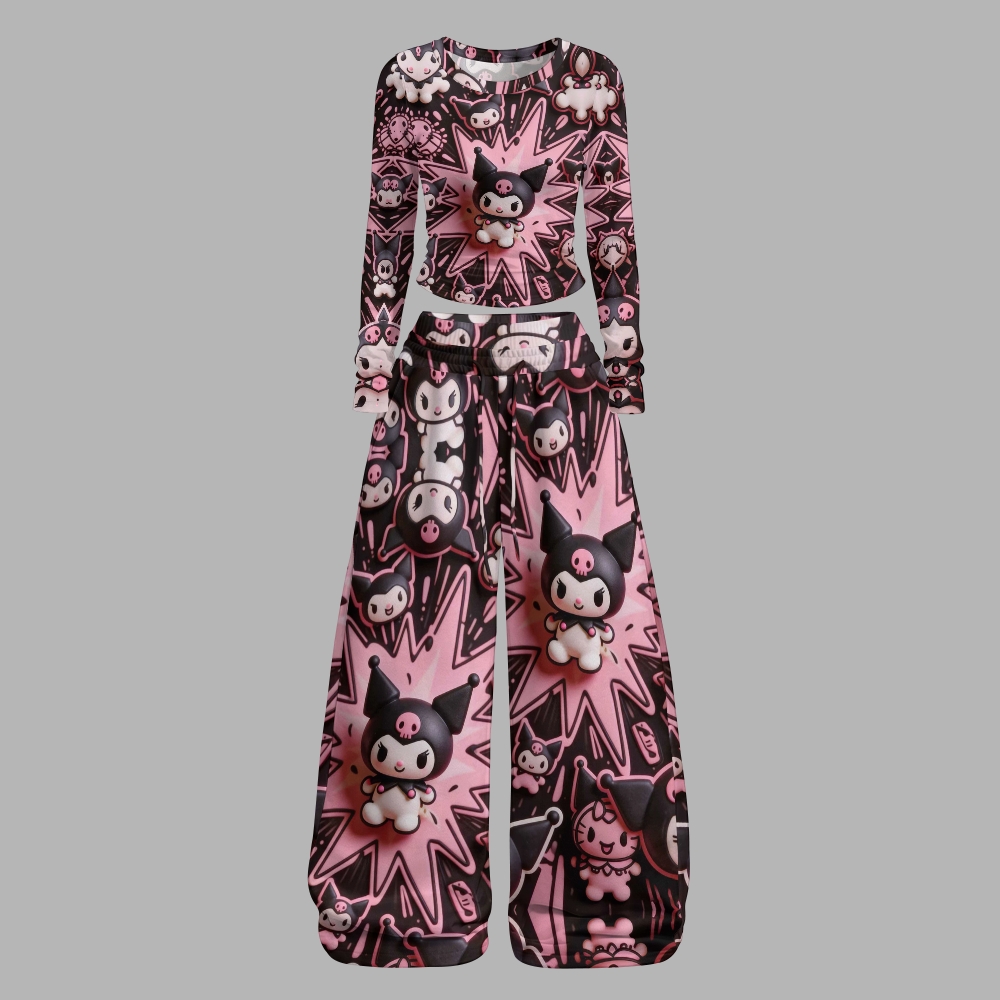 Y2K Kawaii Kuromi  Long-Sleeved Double-Layer Stretch Pants Set For Women
