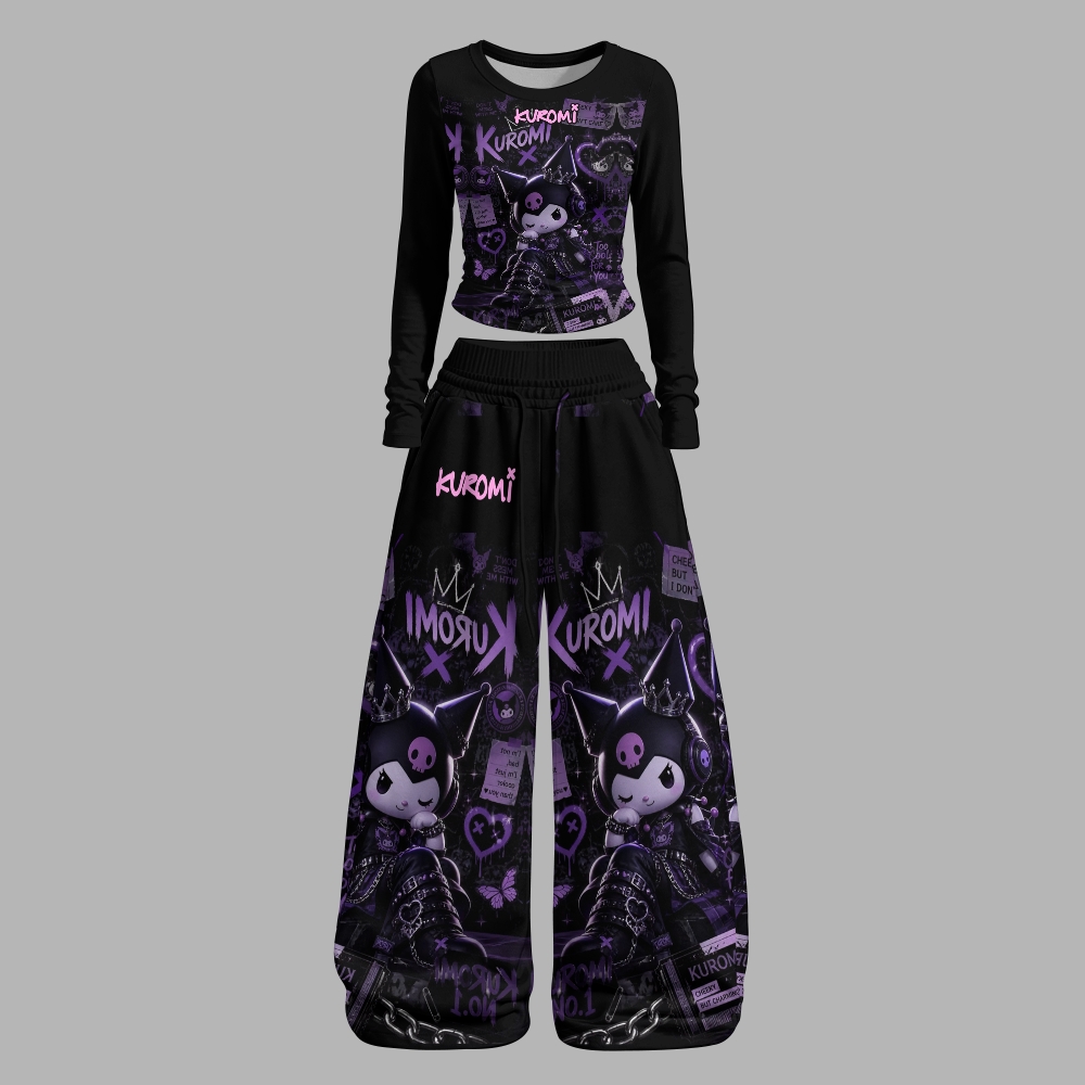 Y2K Kawaii Kuromi  Long-Sleeved Double-Layer Stretch Pants Set For Women