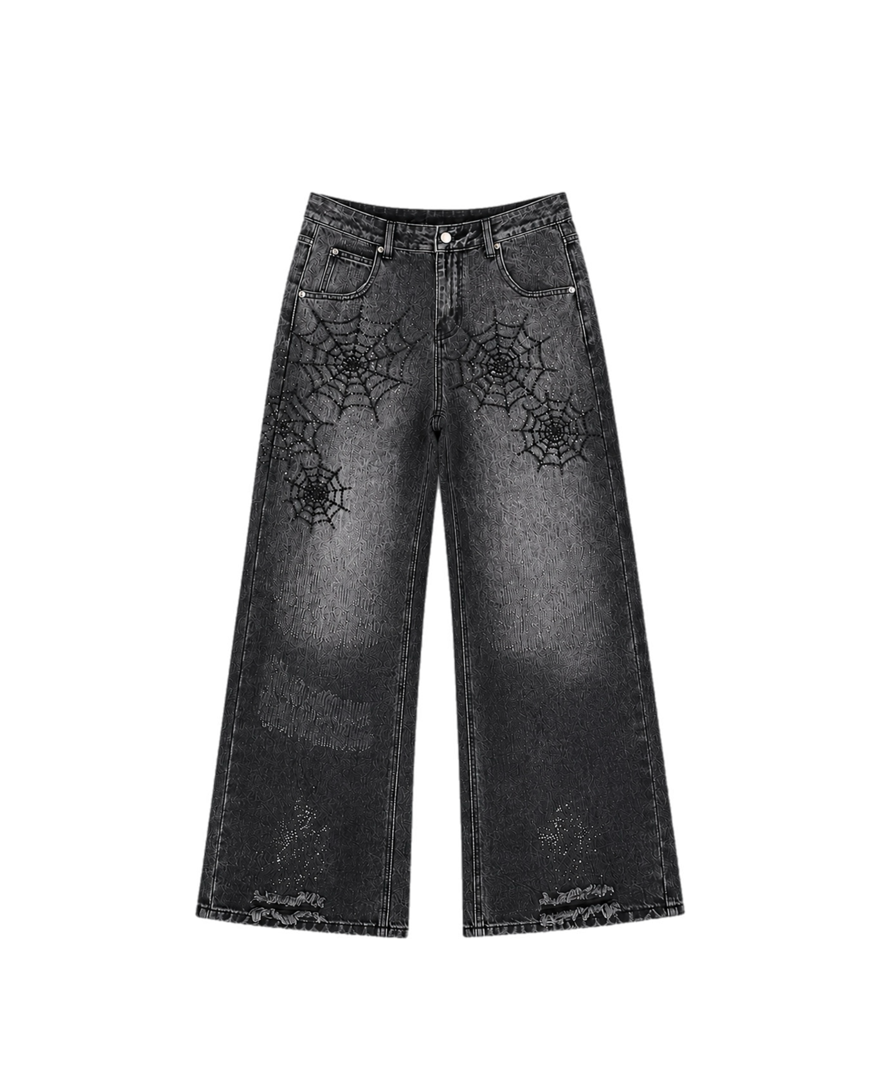 Fashion Street Spider Web Embroidery Straight Loose Wide Leg Denim Jeans For Men