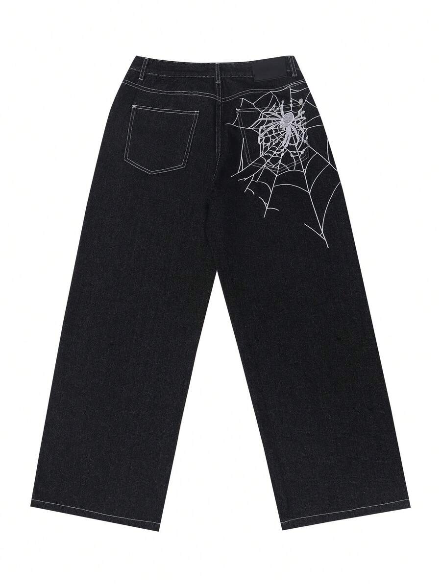 Fashion Street Spider Web Embroidery Straight Loose Wide Leg Denim Jeans For Men