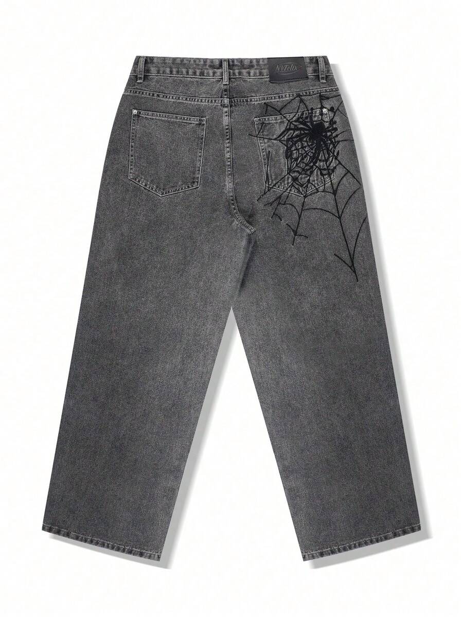 Fashion Street Spider Web Embroidery Straight Loose Wide Leg Denim Jeans For Men