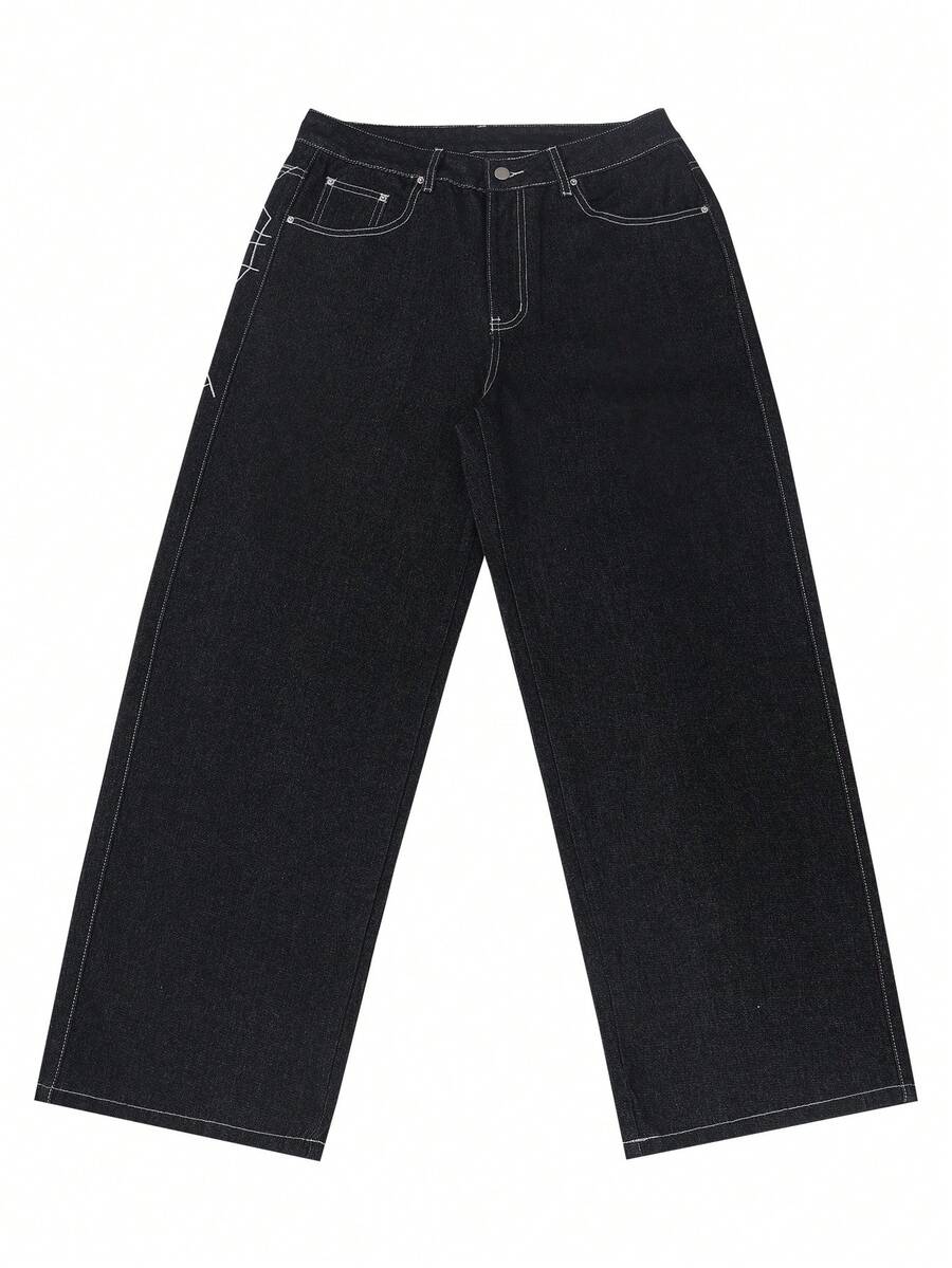 Fashion Street Spider Web Embroidery Straight Loose Wide Leg Denim Jeans For Men